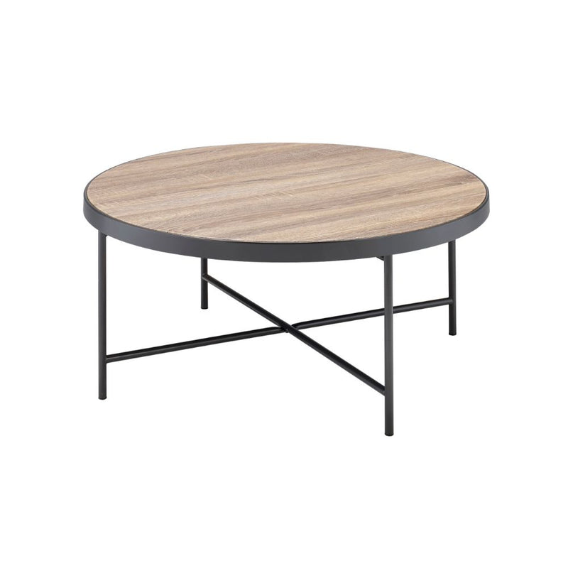 Bage Industrial Round Coffee & End Table - Banded Weathered Gray Oak Top & Dark Metal Legs