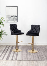 Brightcast 2-Piece Velvet Tufted Gold Bar Stools in Black - back view