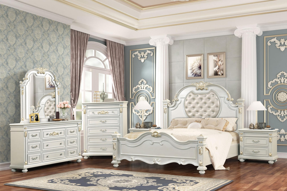 Destiny Pearl White Bedroom Set — Queen & King — collection view; check selected pieces