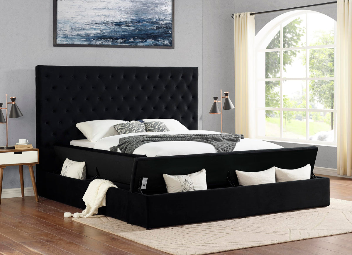 Yumi Upholstered Velvet Low Profile Platform Bed, King, Black - detail view