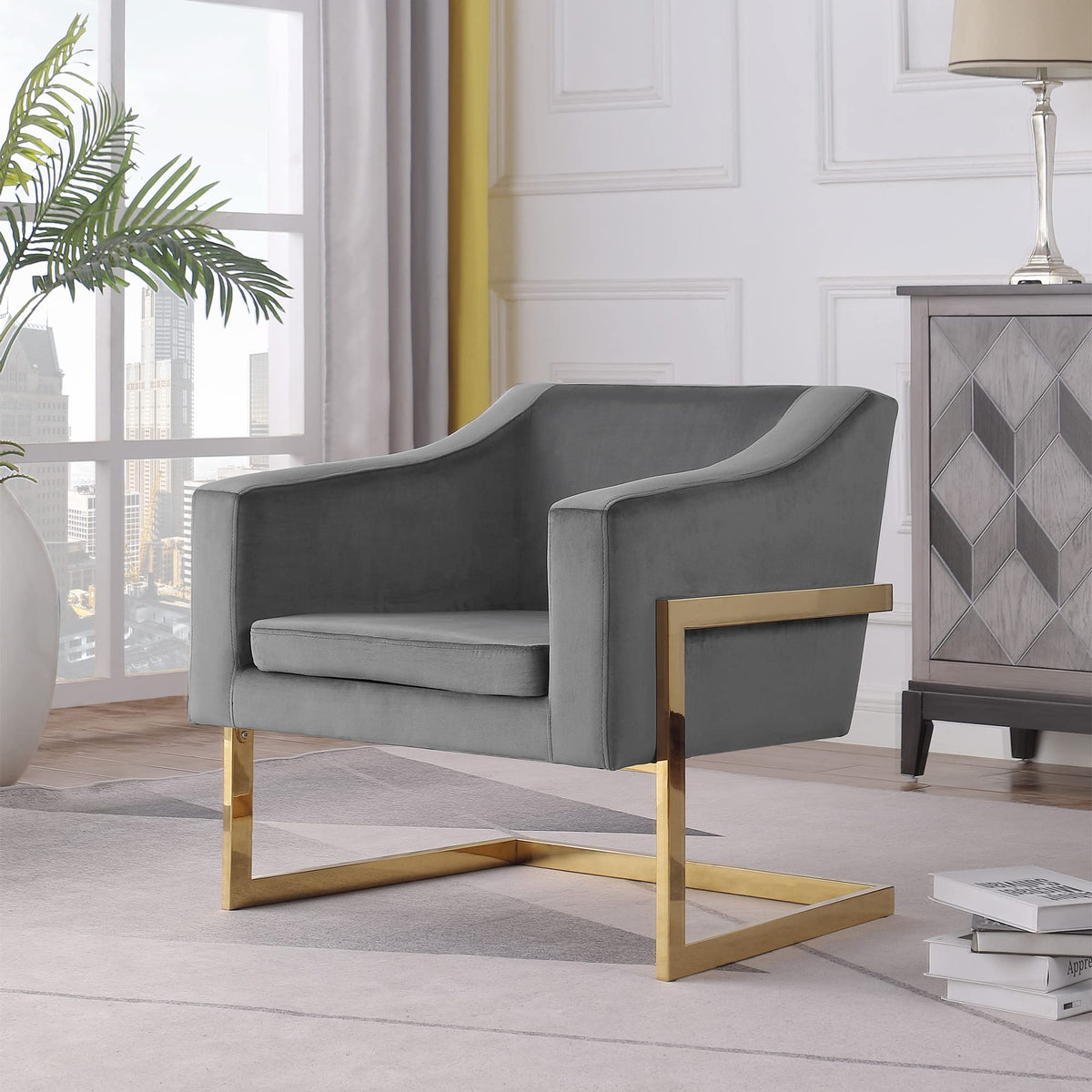 Contemporary Velvet Club Chair in Grey - front view