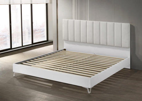 Linea 83" Queen Bed Frame, White Frame with Beige Padded Headboard - detail view