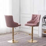 Brightcast 2-Piece Velvet Tufted Gold Bar Stools in Pink - side view