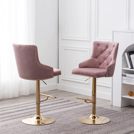 Brightcast 2-Piece Velvet Tufted Gold Bar Stools in Pink - side view