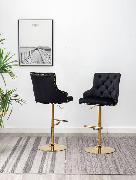Brightcast 2-Piece Velvet Tufted Gold Bar Stools in Black - room setting