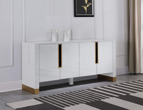 s Theona High Gloss Lacquer Sideboard/Buffet with Gold Trim in White - front view
