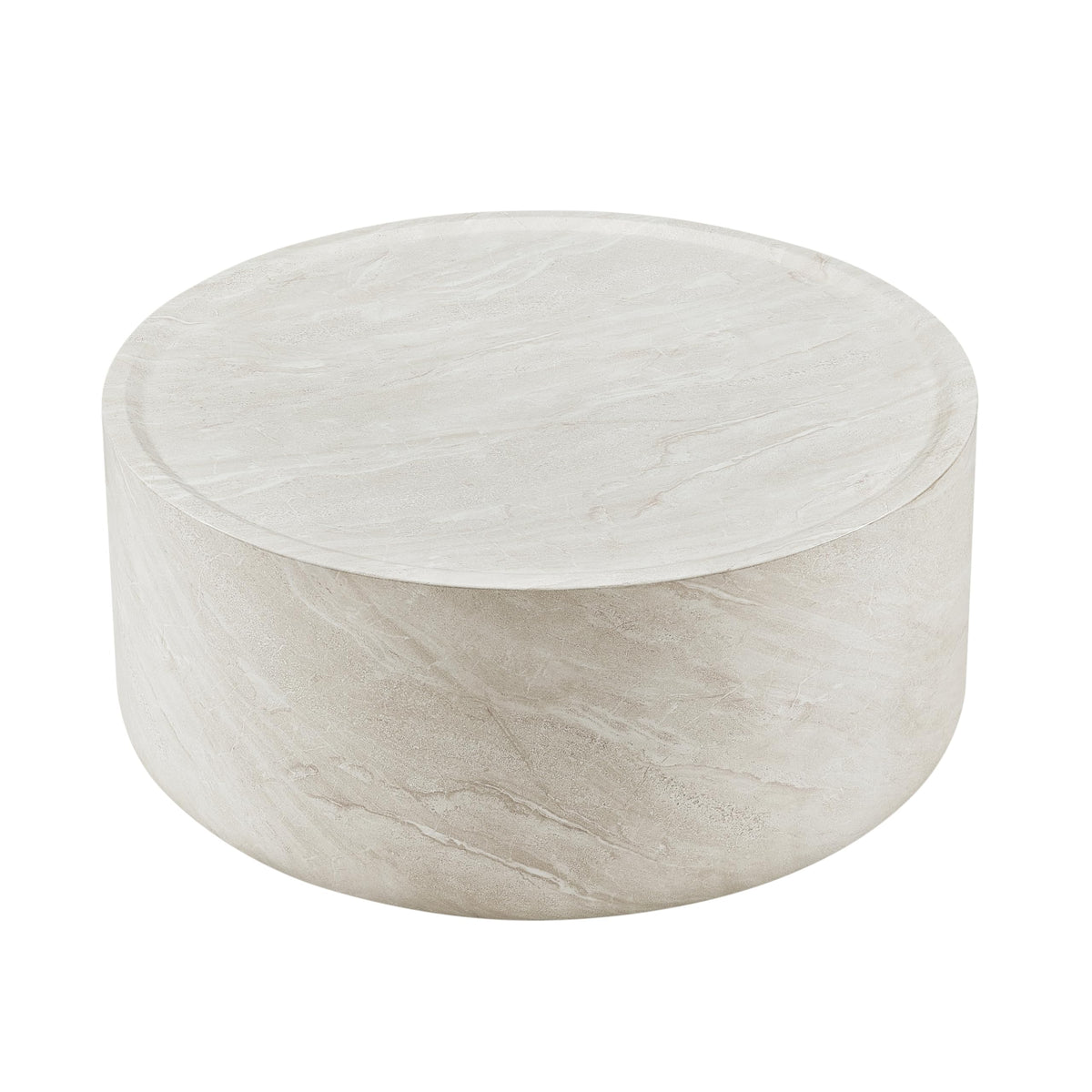 Vyn 36" Round Coffee Table Concrete Travertine Finish, Modern Organic Drum Center Table in Cloud - angle view