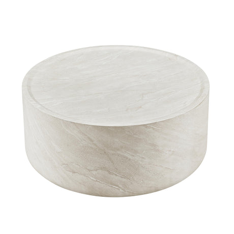 Vyn 36" Round Coffee Table Concrete Travertine Finish, Modern Organic Drum Center Table in Cloud - angle view