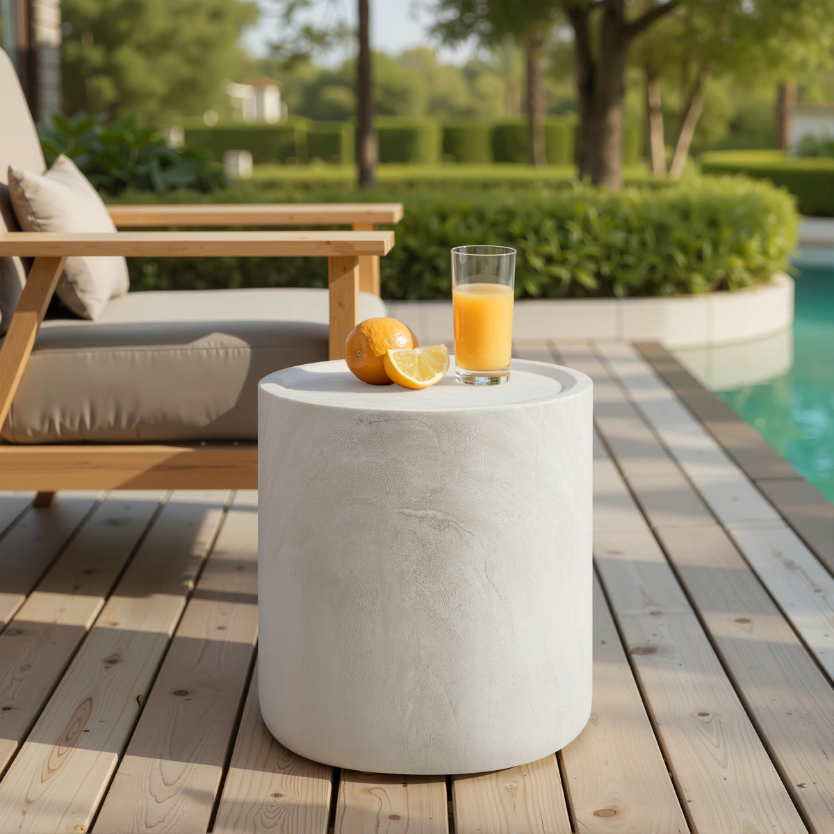 Vyn 18" Round End Table Concrete Travertine Finish, Modern Organic Drum Side Table in Cloud - angle view