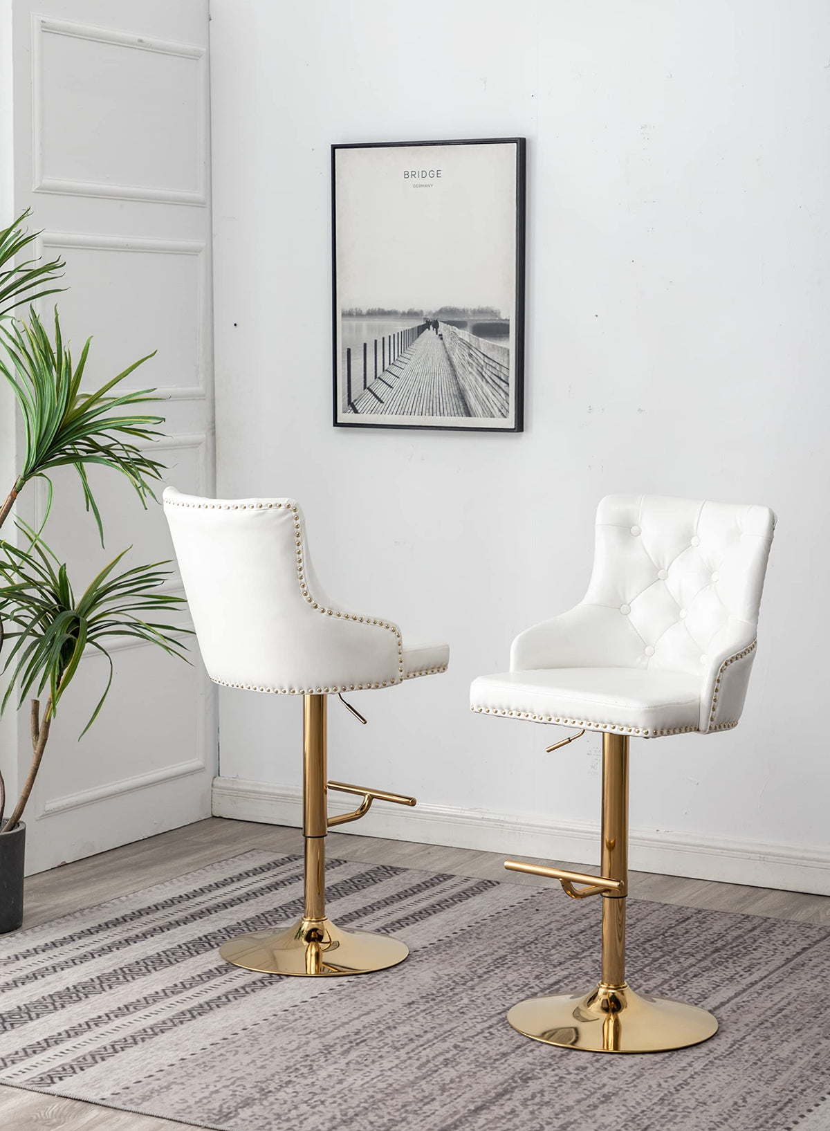Brightcast 2-Piece Velvet Tufted Gold Bar Stools in White - back view