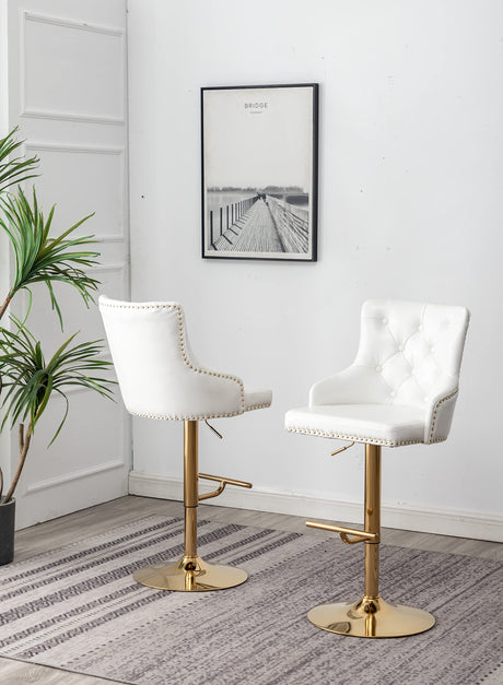 Brightcast 2-Piece Velvet Tufted Gold Bar Stools in White - back view