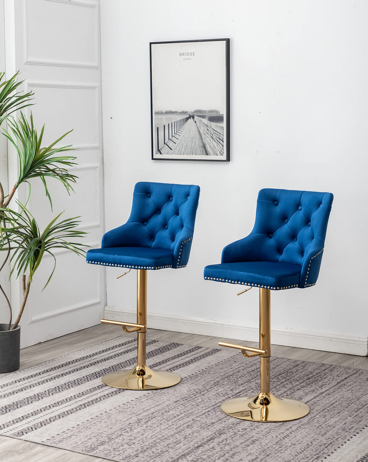 Brightcast 2-Piece Velvet Tufted Gold Bar Stools in Blue - detail view