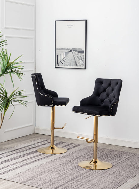 Brightcast 2-Piece Velvet Tufted Gold Bar Stools in Black - side view