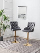 Brightcast 2-Piece Velvet Tufted Gold Bar Stools in Dark Gray - front view