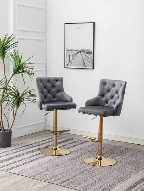 Brightcast 2-Piece Velvet Tufted Gold Bar Stools in Dark Gray - front view