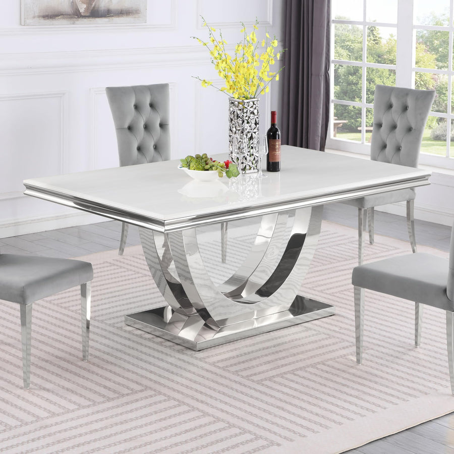 Trinidad Contemporary White Rectangular Stone Dining Table in Silver