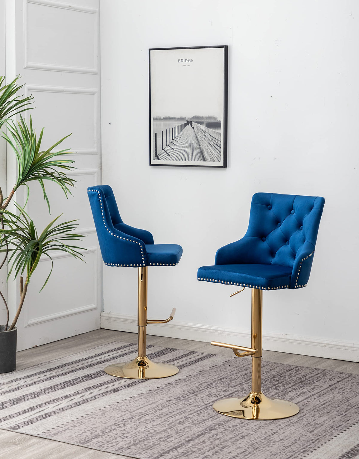 Brightcast 2-Piece Velvet Tufted Gold Bar Stools in Blue - side view