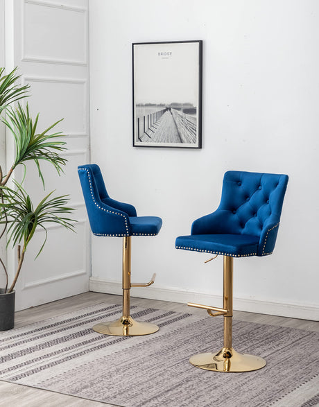 Brightcast 2-Piece Velvet Tufted Gold Bar Stools in Blue - side view