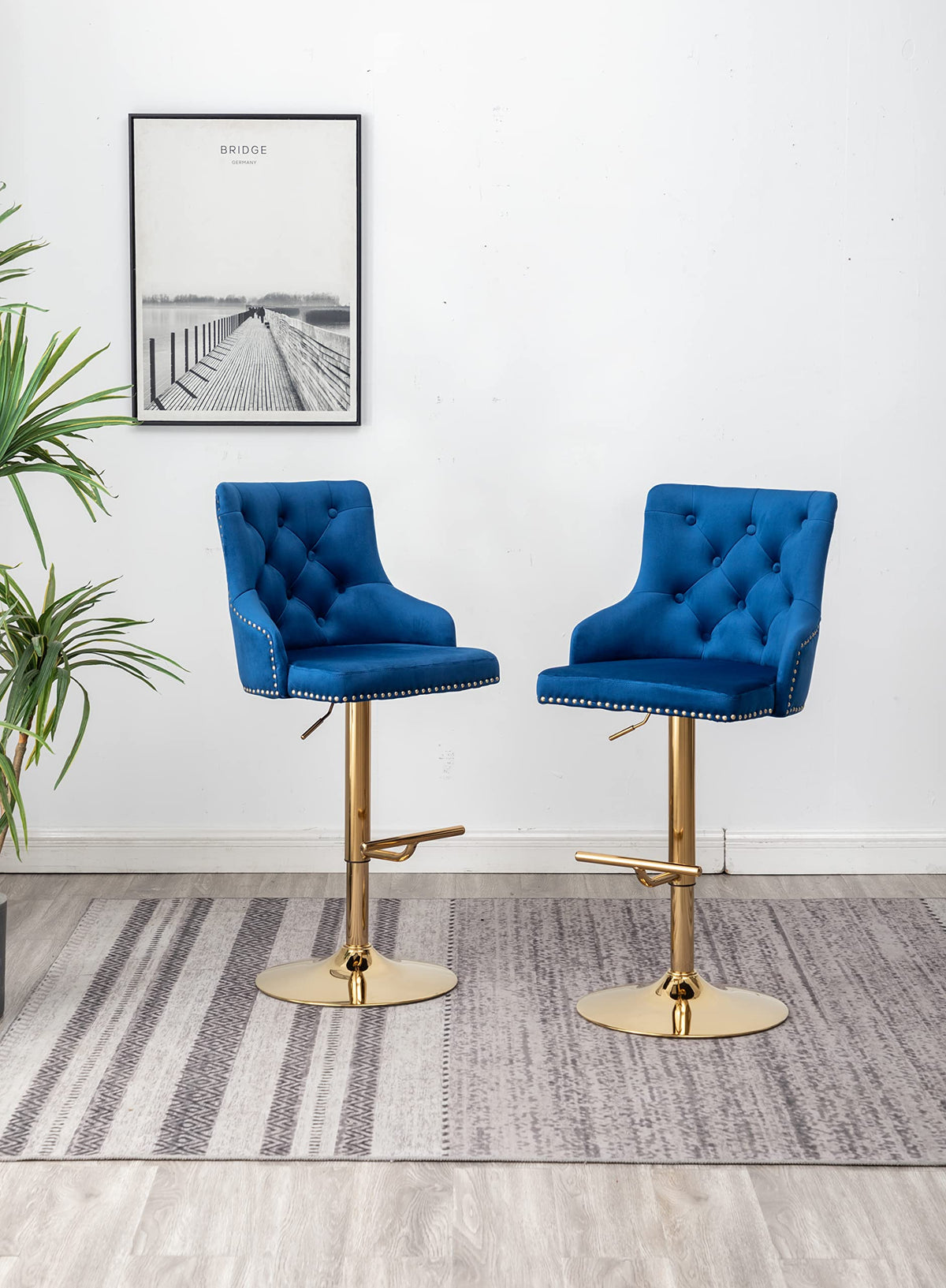 Brightcast 2-Piece Velvet Tufted Gold Bar Stools in Blue - back view