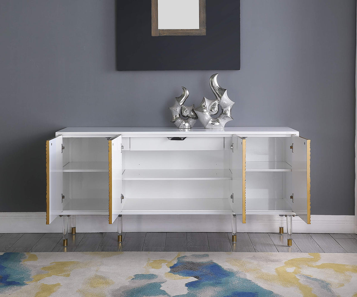 Tula High Gloss Lacquer Sideboard/Buffet with Golden Door Panels in White - detail view