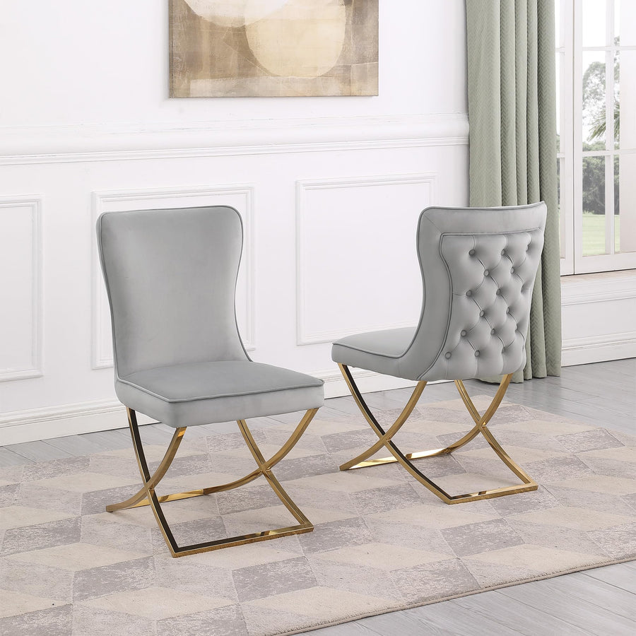 Thiago Contemporary Velvet Dining Chair with X-Shaped Gold Legs - Set of 2 in Grey