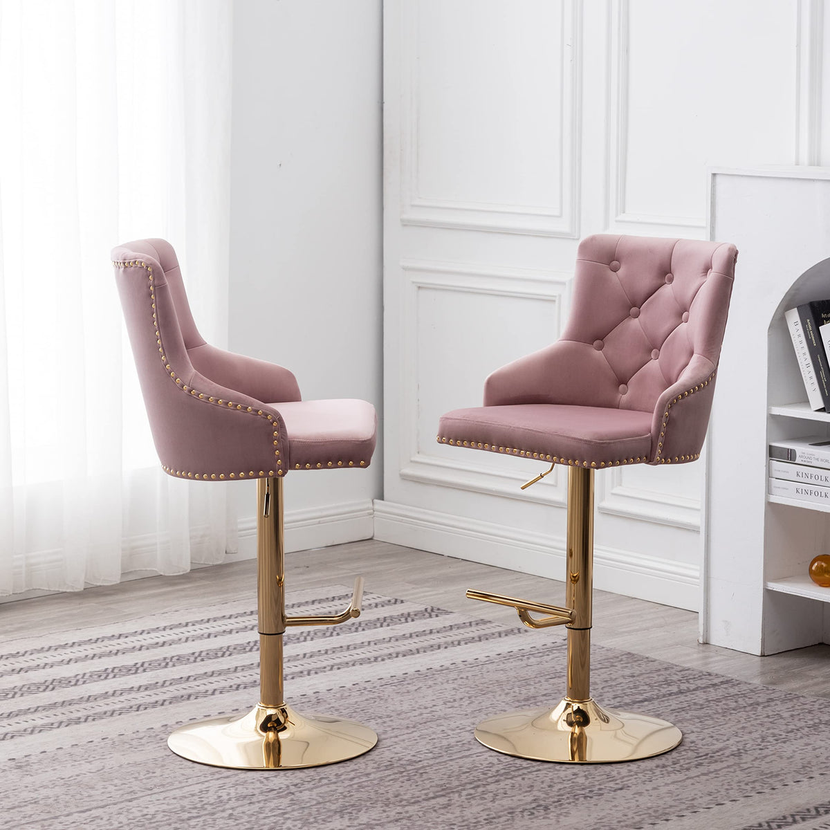 Brightcast 2-Piece Velvet Tufted Gold Bar Stools in Pink - detail view