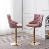 Brightcast 2-Piece Velvet Tufted Gold Bar Stools in Pink - detail view