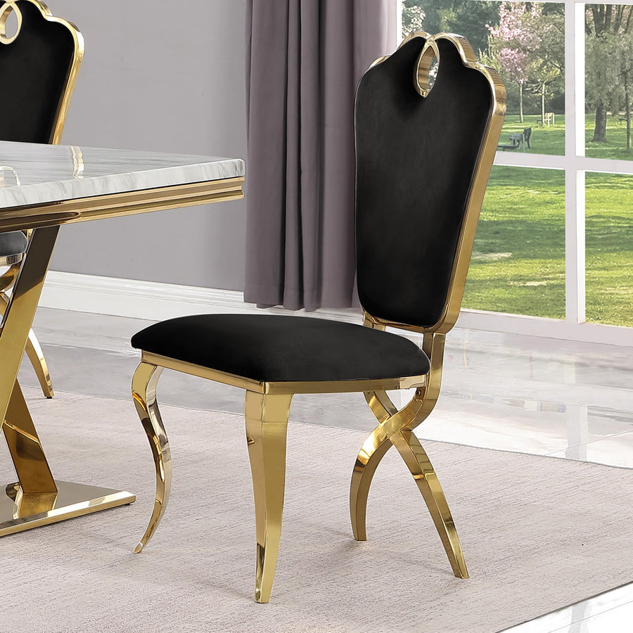 Leona Contemporary Velvet Royal Dining Chair with X-Shaped Gold Legs - Set of 2 in Black
