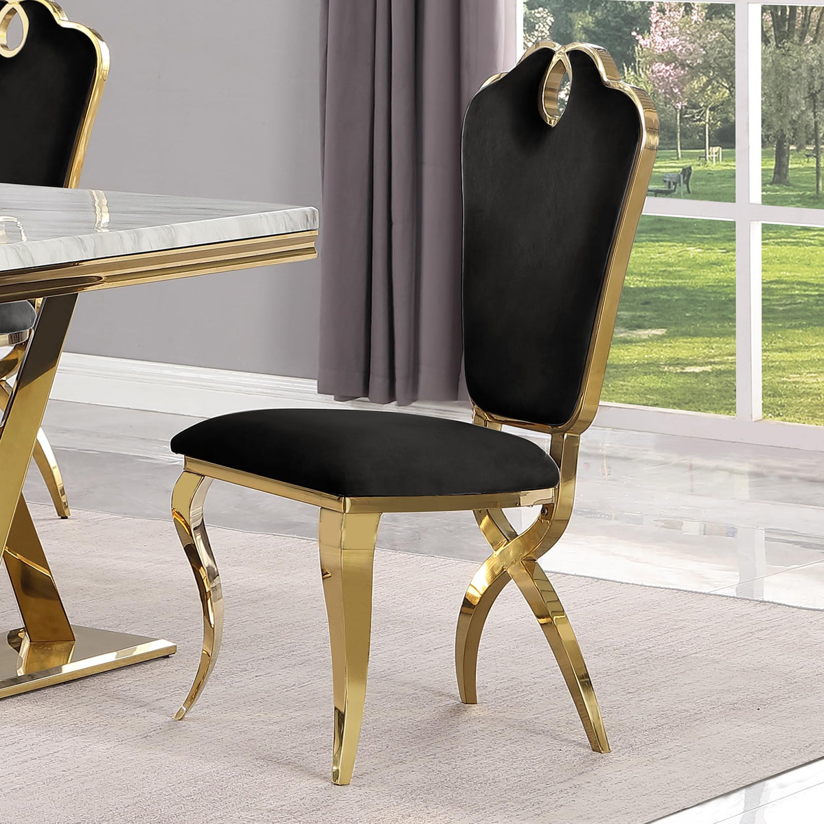 Leona Contemporary Velvet Royal Dining Chair with X-Shaped Gold Legs - front view - Black