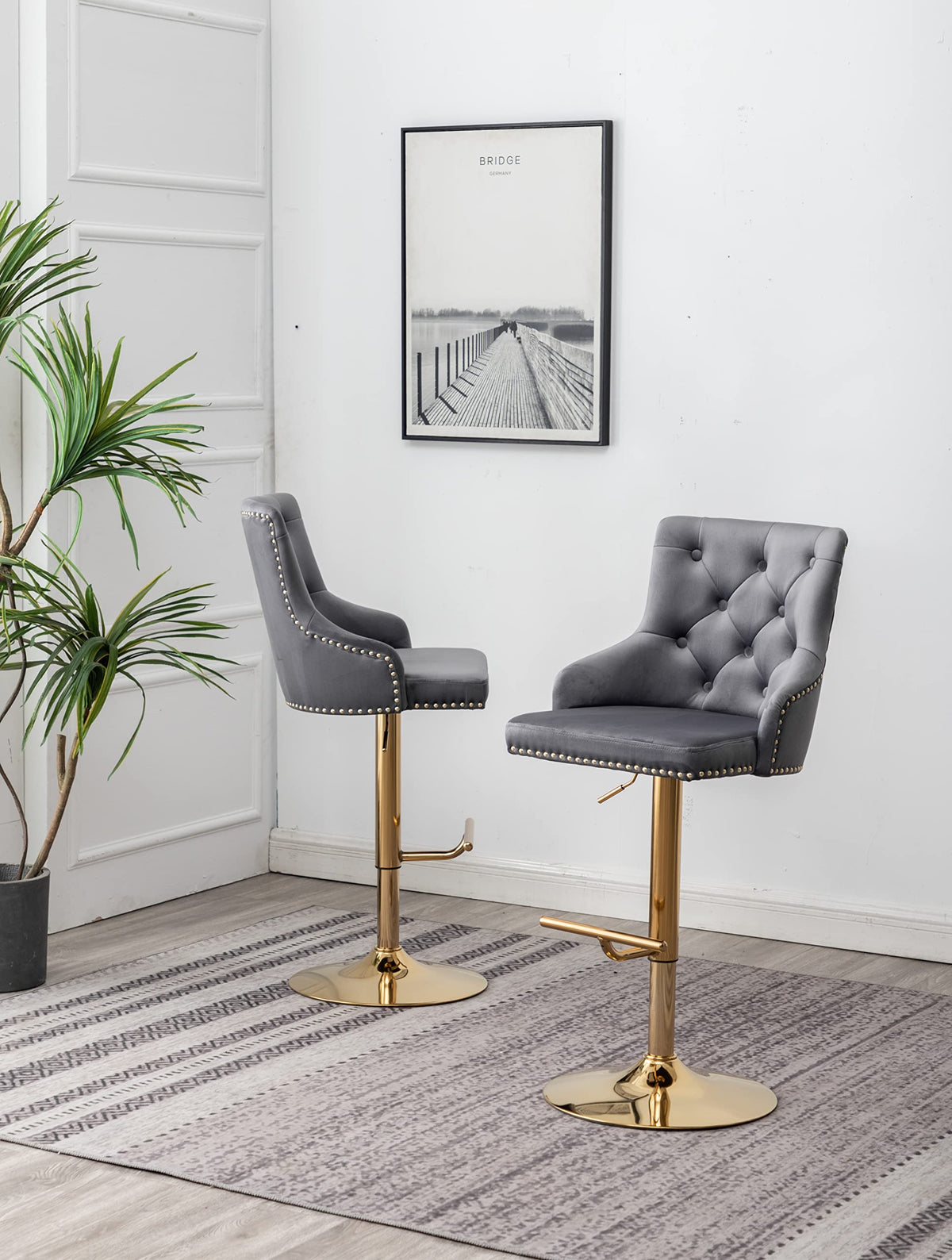Brightcast 2-Piece Velvet Tufted Gold Bar Stools in Dark Gray - side view
