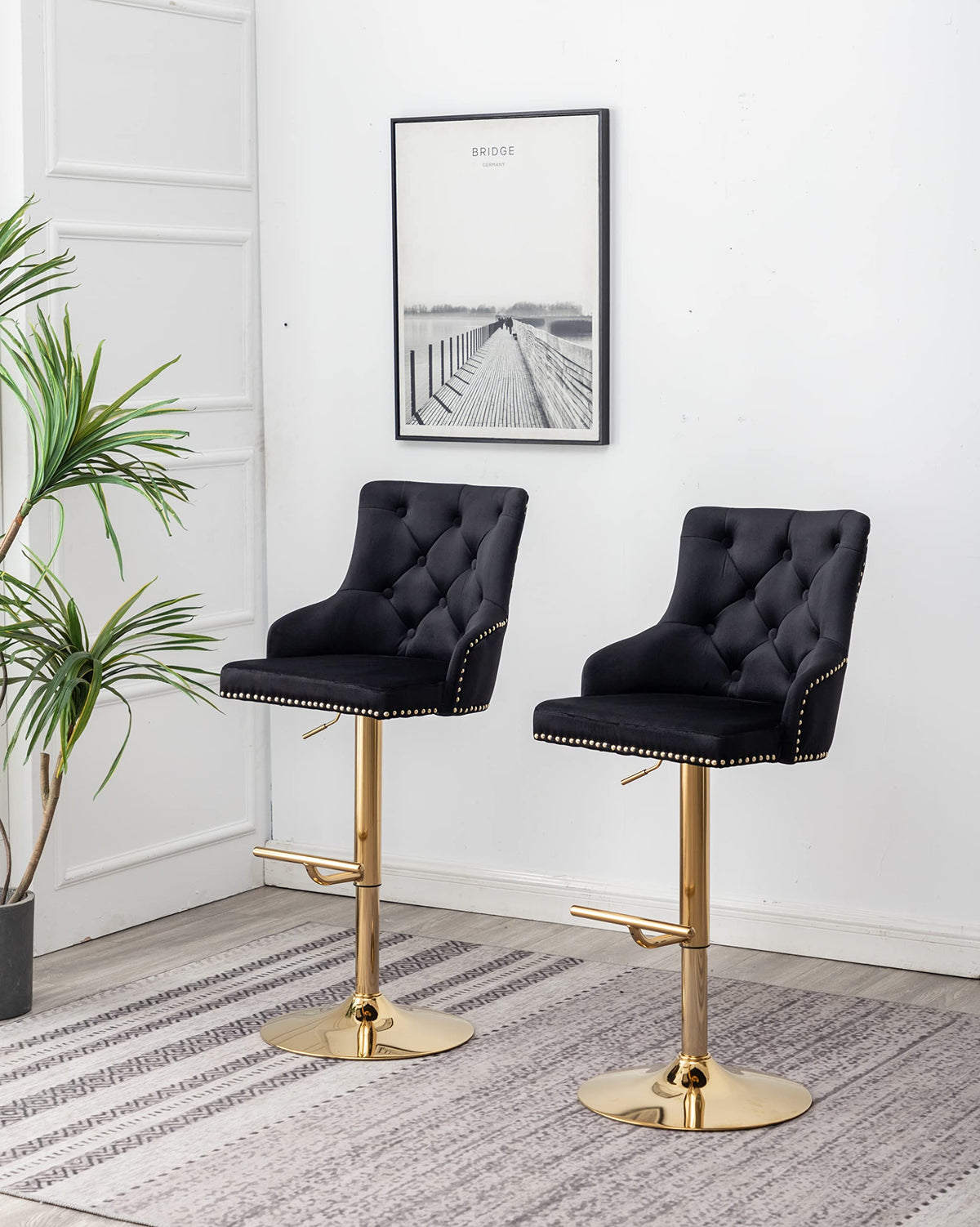 Brightcast 2-Piece Velvet Tufted Gold Bar Stools in Black - detail view