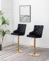 Brightcast 2-Piece Velvet Tufted Gold Bar Stools in Black - detail view