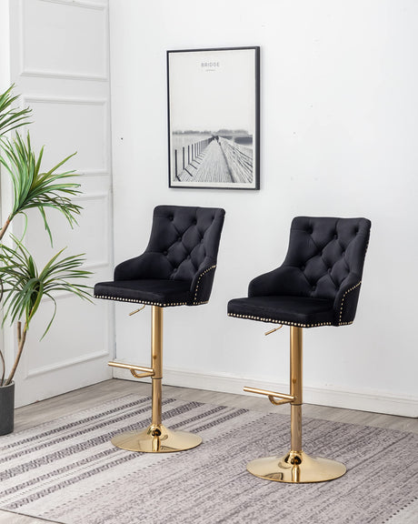 Brightcast 2-Piece Velvet Tufted Gold Bar Stools in Black - detail view