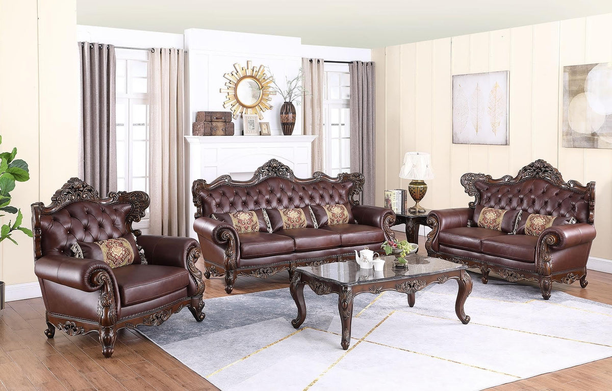 Britney Tufted Faux Leather Accent Chair with Cherry Wood Detailing — coordinating room inspiration; other furniture sold separately