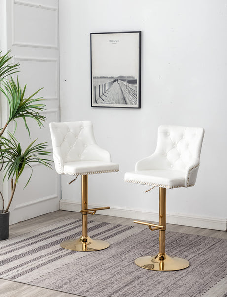 Brightcast 2-Piece Velvet Tufted Gold Bar Stools in White - room setting