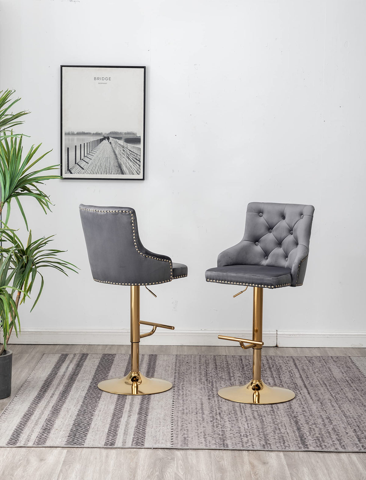 Brightcast 2-Piece Velvet Tufted Gold Bar Stools in Dark Gray - back view