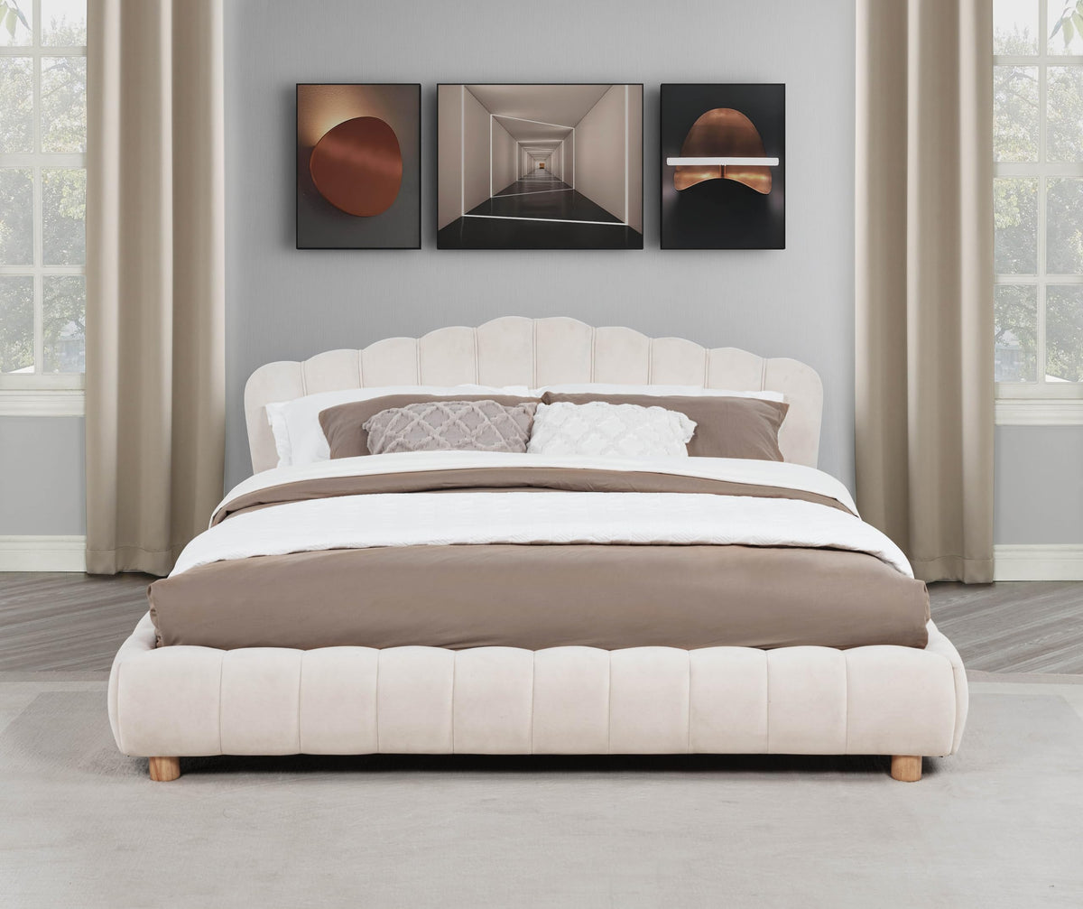 Ctera Queen Velvet Bed Frame with 30" Shell-Shaped Headboard, Low Profile in Cream - back view