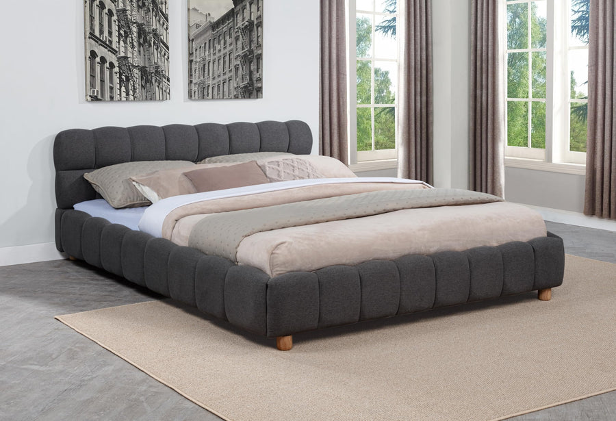 Ctoria Queen Burlap Bed Frame with 30" Curved Block-Style Headboard, Low Profile in Grey