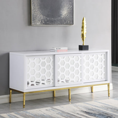 Teodoro Contemporary Lacquer Sideboard with Storage, Polished Gold Legs in White - front view