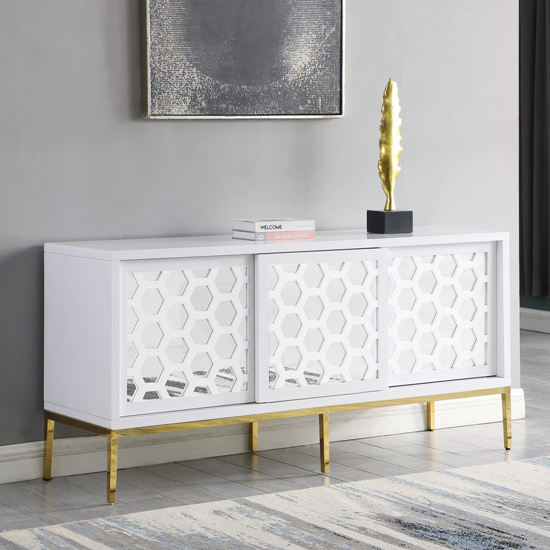 Teodoro Contemporary Lacquer Sideboard with Storage, Polished Gold Legs in White