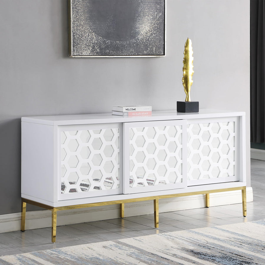 Teodoro Contemporary Lacquer Sideboard with Storage, Polished Gold Legs in White