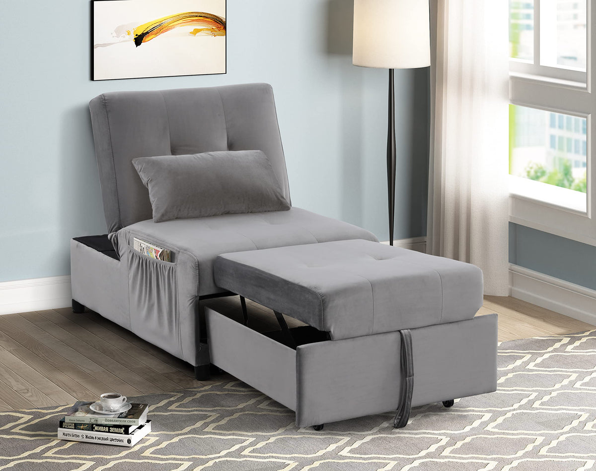 Bayani Velvet Adjustable Sleeper Lounge Chaise in Gray - angle view