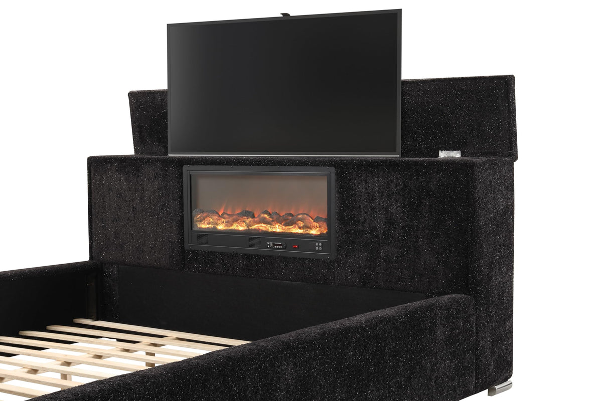 Yureya Upholstered Modern Platform Bed Frame with Hidden TV Lift Storage, King, Fireplace Light… - close-up