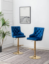 Brightcast 2-Piece Velvet Tufted Gold Bar Stools in Blue - front view