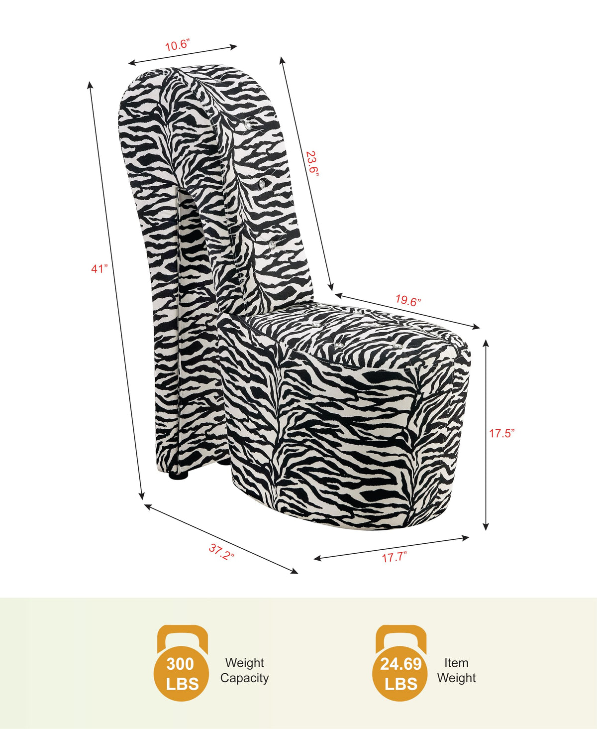 Tristam 40" Modern Glam High Heel Lounge Chair in Zebra - side view