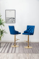 Brightcast 2-Piece Velvet Tufted Gold Bar Stools in Blue - room setting