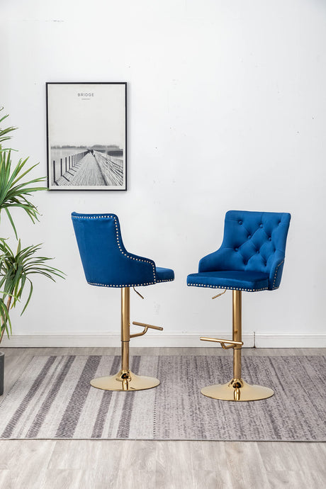 Brightcast 2-Piece Velvet Tufted Gold Bar Stools in Blue - room setting