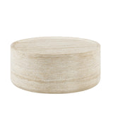 Vyn 36" Round Coffee Table Concrete Travertine Finish, Modern Organic Drum Center Table in Sand