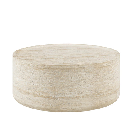 Vyn 36" Round Coffee Table Concrete Travertine Finish, Modern Organic Drum Center Table in Sand