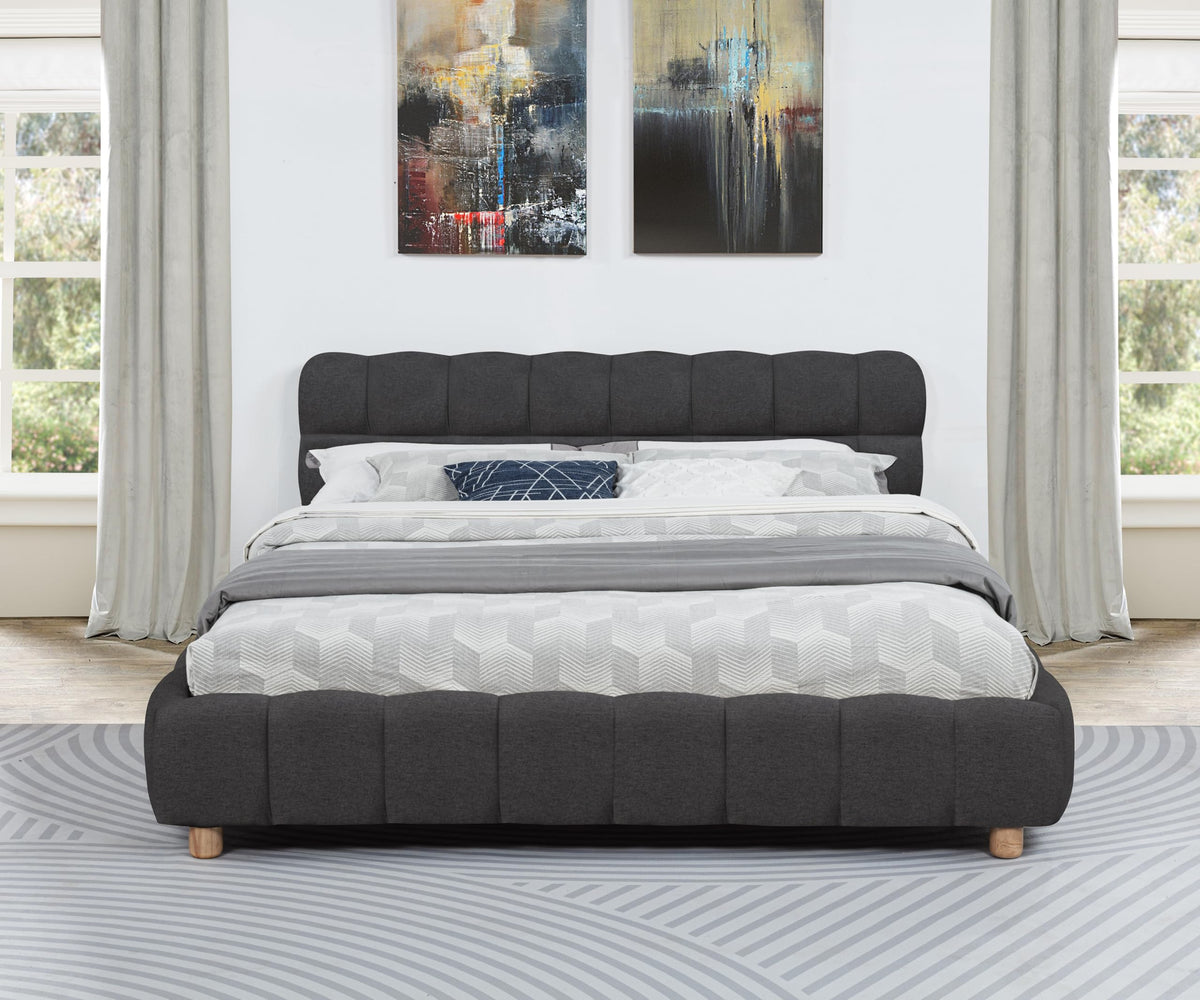 Ctoria Queen Burlap Bed Frame with 30" Curved Block-Style Headboard, Low Profile in Grey - back view